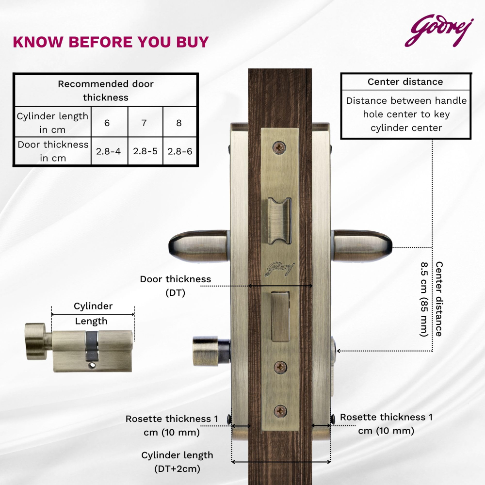 Godrej Mortise Lock I Handle Set 1CK EM02 I 6-Lever Lock I 3 Keys I Double Throw I 5